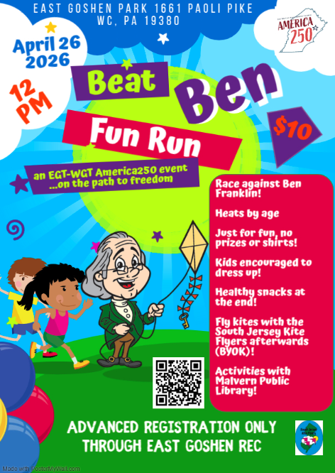 cartoon Ben Franklin holding kite with kids running