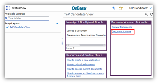 Screenshot of OnBase Document Archive link