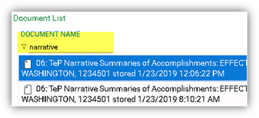 Screenshot of Document List search with 'narrative' term