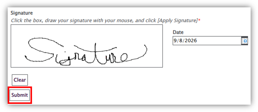 Screenshot of Signature field with submit button highlighted