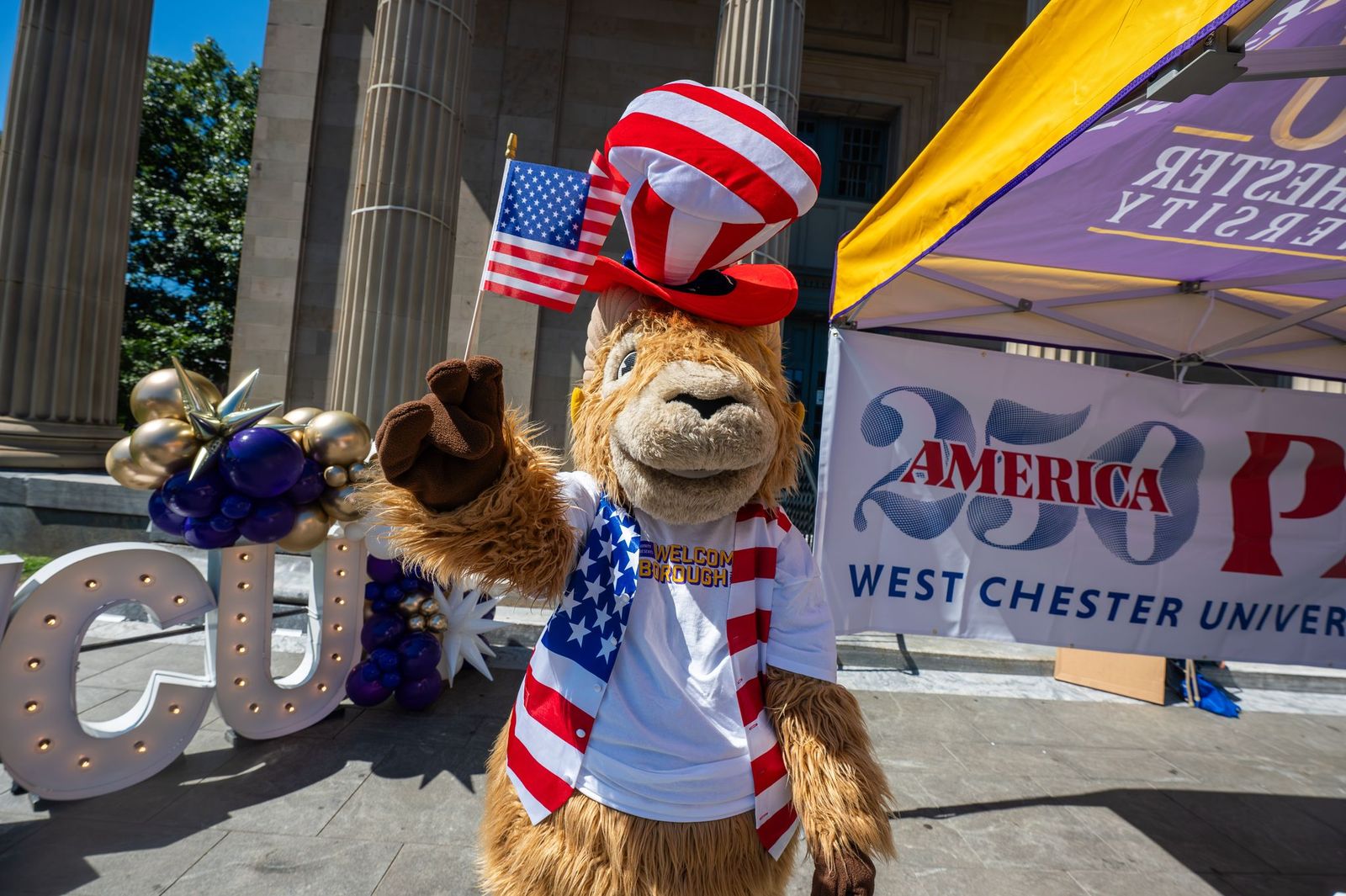 Rammy in Patriotic costume at WCU250 Table