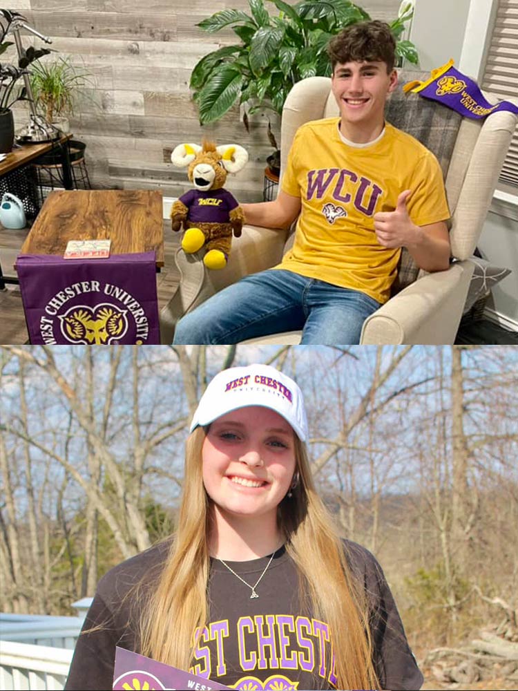 2 wcu accepted students posing at home wiht their WCU swag