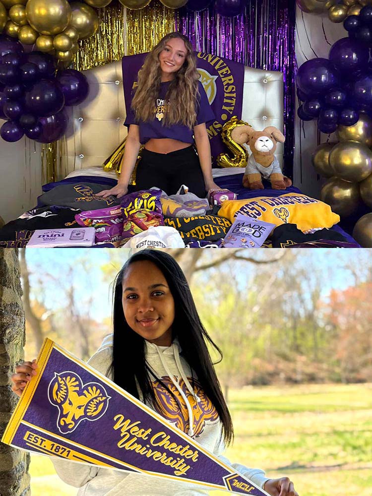 2 wcu accepted students. Top image has girl in fron tof wcu decorated table. Bottom image has girl holding a wcu banner