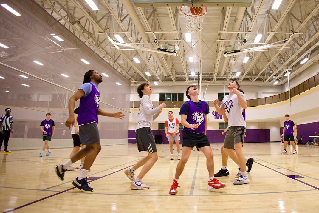 Students in Purple and White WCU Sports pinnies playing basketball