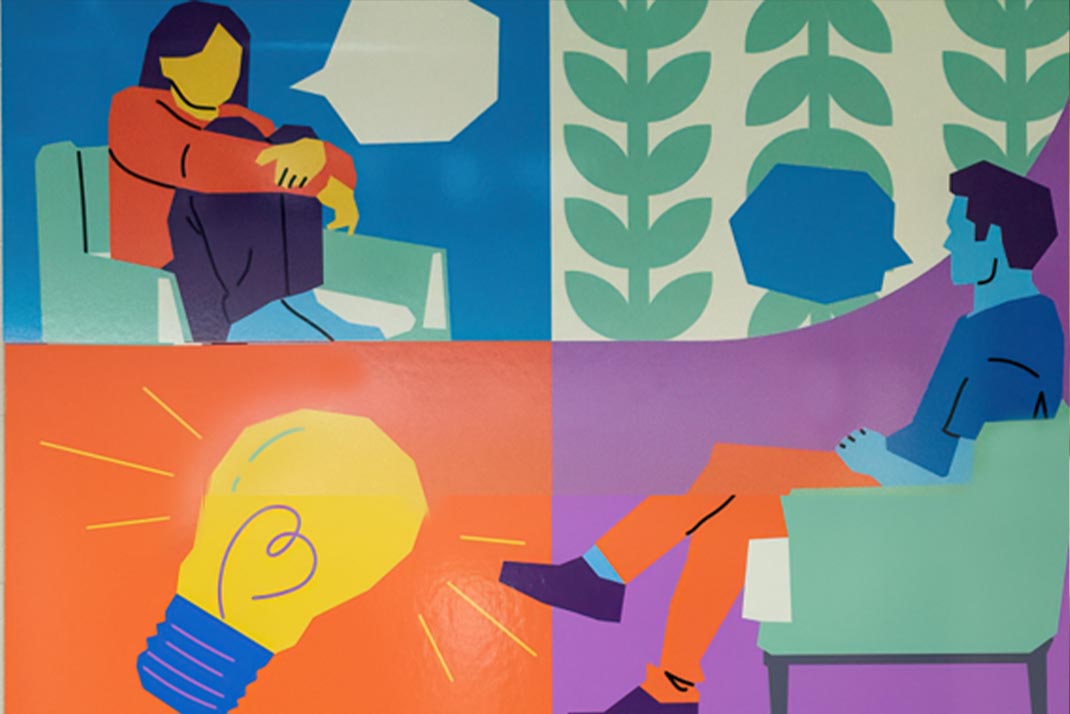 Painted image collage of people in arm chairs and a lightbulb