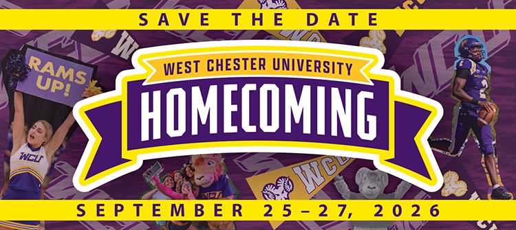 Various images of WCU football players and cheerleaders. Text in front of the images reads "Save the Date: Homecoming, September 25-27, 2026"
