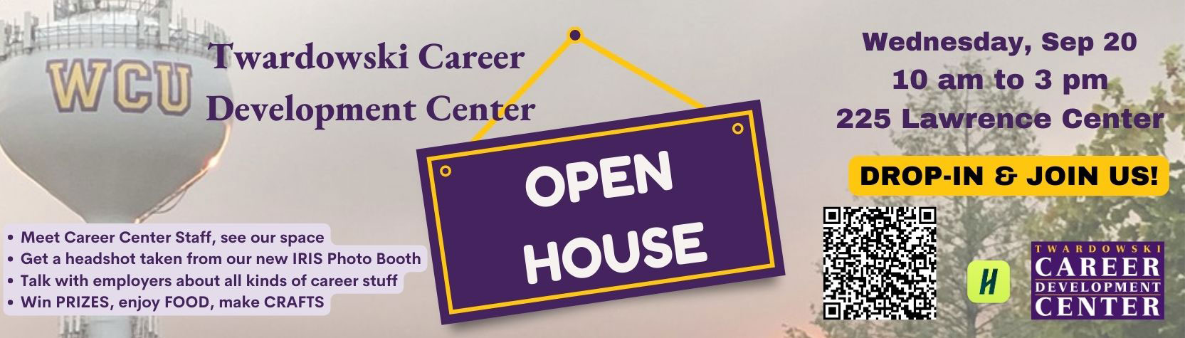 Twardowski Career Developmen Center. Open House. Meet career center staff, see our space. Get a headshot taken from our new IRIS photo booth. Talk with employers about all kinds of career stuff. Win prizes, enjoy food, make crafts. Wednesday September 20 from 10AM-3PM at 225 Lawrence Center. Drop in and join us.