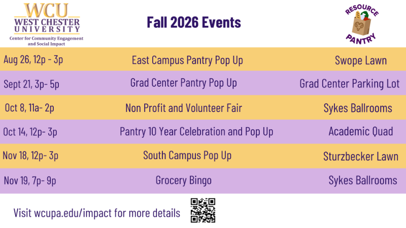 Fall 2026 Events: Aug. 26, 12 p.m.–3 p.m. – East Campus Pantry Pop Up – Swope Lawn. Sept. 21, 3 p.m.–5 p.m. – Grad Center Pantry Pop Up – Grad Center Parking Lot. Oct. 8, 11 a.m.–2 p.m. – Non Profit and Volunteer Fair – Sykes Ballrooms. Oct. 14, 12 p.m.–3 p.m. – Pantry 10 Year Celebration and Pop Up – Academic Quad. Nov. 18, 12 p.m.–3 p.m. – South Campus Pop Up – Sturzbecker Lawn. Nov. 19, 7 p.m.–9 p.m. – Grocery Bingo – Sykes Ballrooms. Visit wcupa.edu/impact for more details.