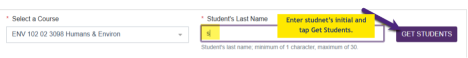 Screenshot showing how to search for students by entering the first initial.