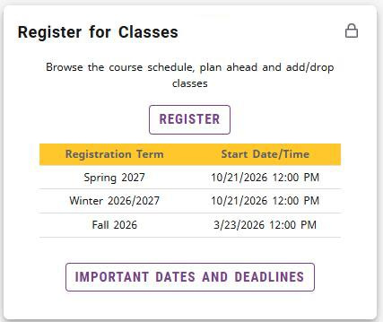 Register for Classes card showing the Register button, registration dates and times, and Important Dates and Deadlines button.