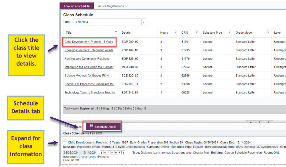 Class Schedule page showing the class list, clickable class titles, Schedule Details tab, and caret for expanding class information.