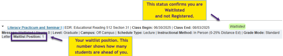 Expanded class details showing Waitlisted status and the Waitlist Position field.