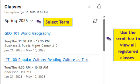 Classes card with the term dropdown and scrollbar highlighted.