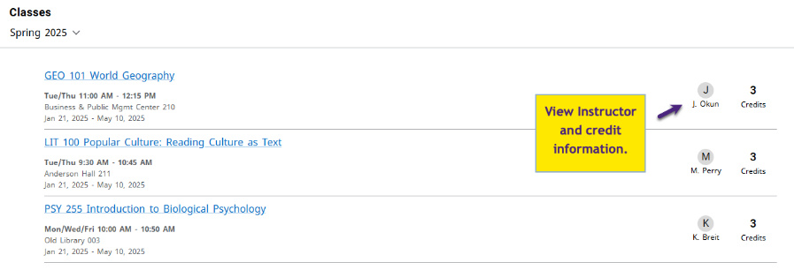 Classes page listing registered courses with instructor and credit-hour information.