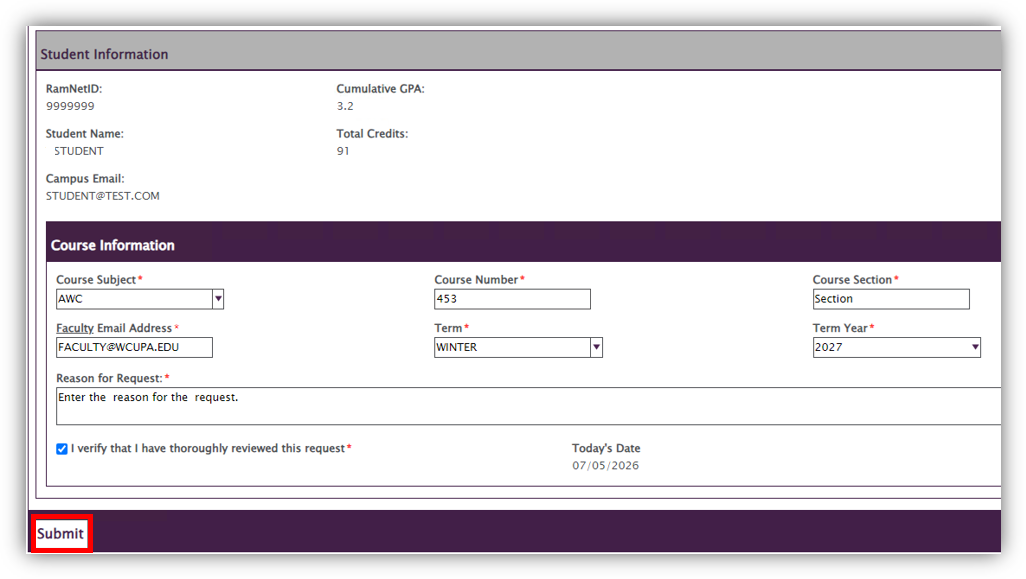 Screenshot of Student Application with the submit button highlighted