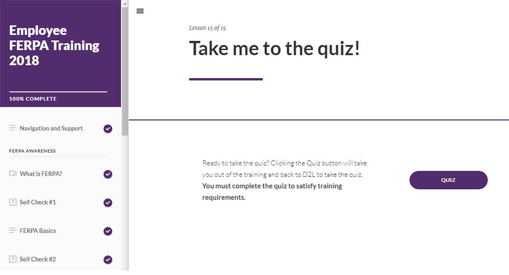FERPA Training Screenshot from D2L