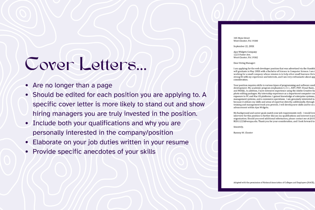 An infographic about cover letters. The graphic has dark purple text on a light purple geometric background. On the right, there is an image of an example cover letter. 