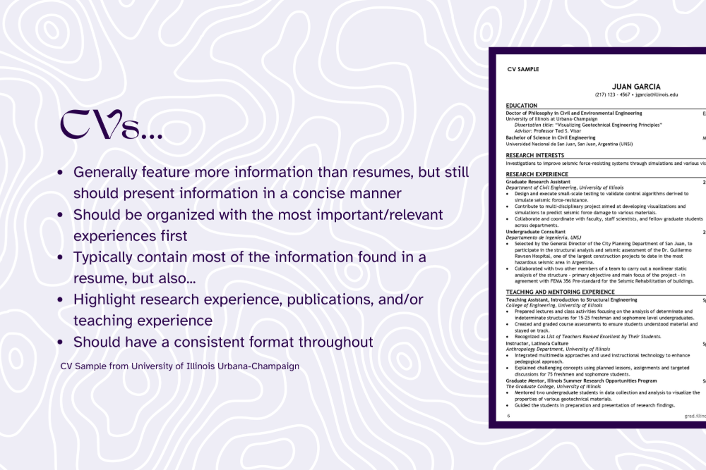 An infographic about CVs. The graphic has dark purple text on a light purple geometric background. On the right, there is an image of an example CV. 