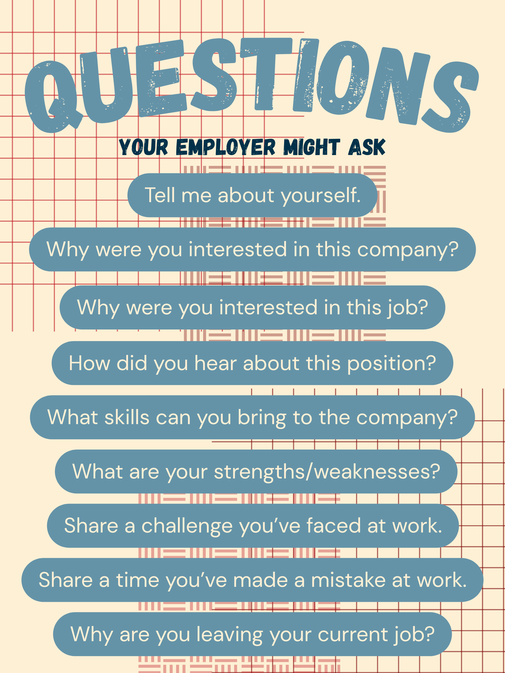 An infographic on questions your employer may ask you. The text is a dark sky-blue and there are red geometric shapes in the background. 