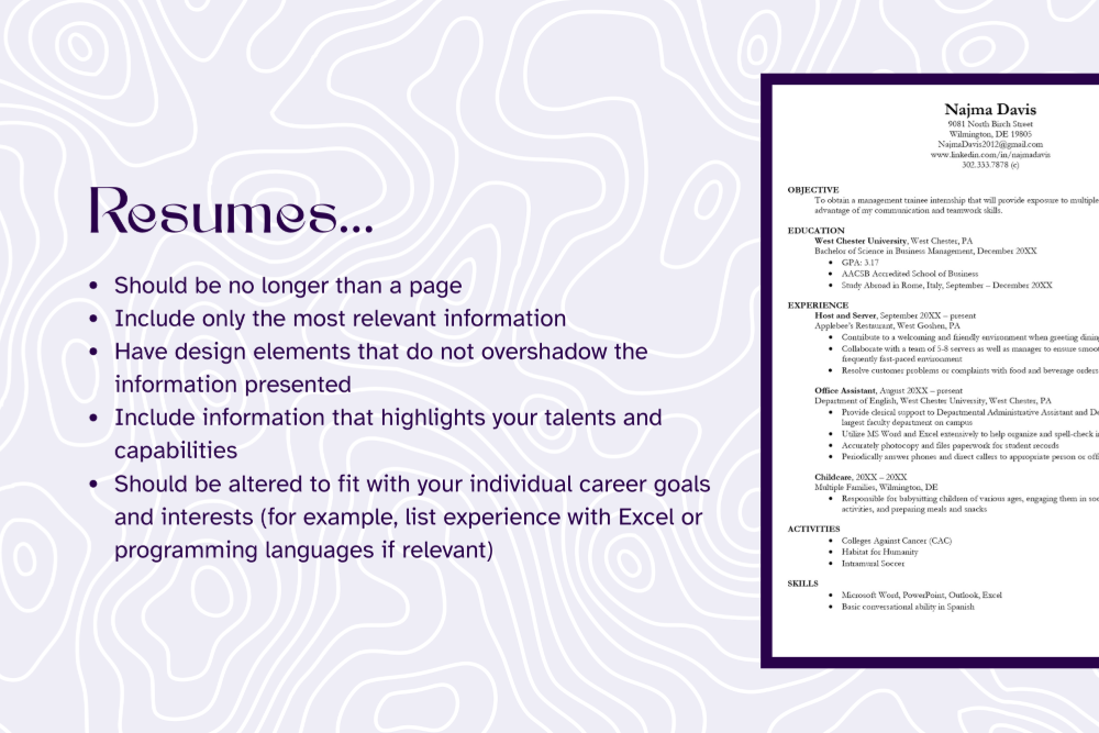 An infographic about resumes. The graphic has dark purple text on a light purple geometric background. On the right, there is an image of an example resume. 