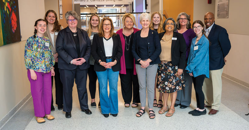 Pictured (L to R) are Anna Roe (WCU student), Katie Kerr ’22 (WCU alumna), Dr. Carrie Rowe (Acting Secretary PA Dept. of Education), Elle Majors (WCU student), Lori Shapiro (First Lady of PA), Dr. Laurie Bernotsky (WCU President), Carolyn Comitta (PA State Senator), Ruby Mundok (Executive Director Governor Shapiro’s Advisory Commission for Next Generation Engagement), Dr. Rita Patel Eng (Senior Director of WCU Center for Civic Engagement and Social Impact), Patricia A. Shields (WCU Associate Vice President for Facilities Operations), Angelina Kenney (WCU student), and Dr. Zebulun Davenport (WCU Vice President for University Advancement and External Affairs).