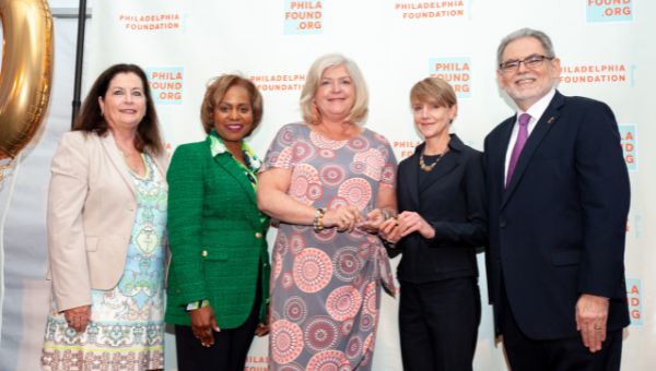 (L-R) Diane Melley, executive director and senior advisor, Philadelphia Foundation; Natalye Paquin, president and chief executive officer, Points of Light; Helen Hammerschmidt, WCU associate vice president for communications, operations, and strategy; Julie Dietrich, WCU executive director for external relations; and Pedro Ramos, president and chief executive officer of Philadelphia Foundation.