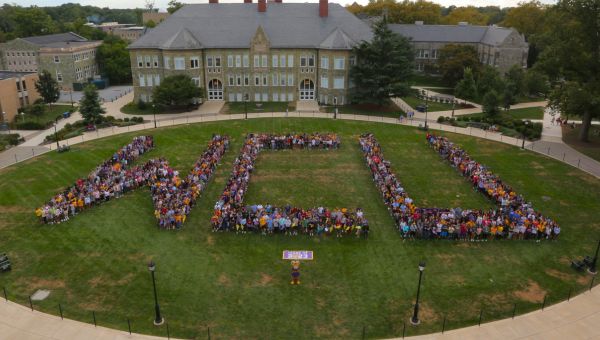 This year’s graduating class was the first to participate in what has become a Golden Rams Welcome Week tradition: the annual human formation on the Quad.