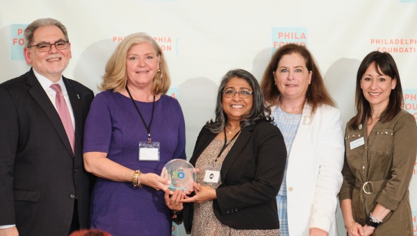 (L to R) Pedro Ramos, President, Philadelphia Foundation; Helen Hammerschmidt, Associate Vice President for Communication, Operations, and Strategy, WCU Provost Office; Rita Patel-Eng, Director, WCU Center for Civic Engagement and Social Impact; Diane Melley, Executive Director & Senior Advisor, Philadelphia Foundation; and Diane Quest, Interim President and CEO, Points of Light Foundation.  
