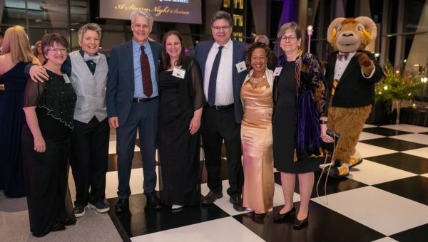 (L to R) Dean of University Libraries Jill Dixon; Dean of the College of Arts and Humanities Jen Bacon; Dean of the Wells School of Music Chris Hanning; Dean of the College of Sciences and Mathematics Jessica O’Shaughnessy; Dean of the College of Business and Public Management Evan Leach; Dean of the College of Education and Social Work Desha Williams; Dean of The Graduate School Lisa Calvano