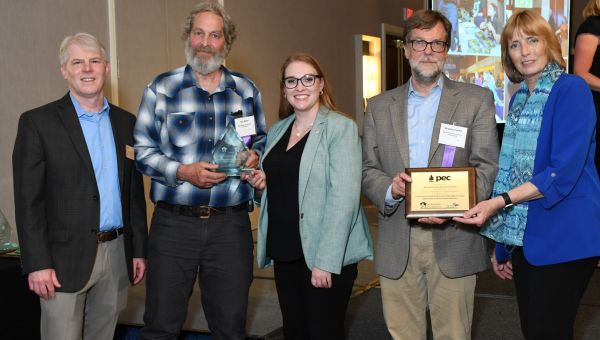 At the Governor’s Award for Environmental Excellence (L-R): Tom Gilbert, President, Pennsylvania Environmental Council; Nur Ritter (with trophy), GNA Stewardship Manager; Jessica Shirley, Acting Secretary, Pennsylvania Department of Environmental Protection; Brad Flamm (with plaque), WCU Director of Sustainability; and Cindy Adams Dunn, Secretary, Pennsylvania Department of Conservation and Natural Resources.