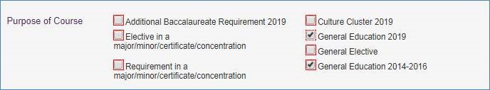 Screenshot of Purpose of Course section of form with General Education 2019 and General Education 2014-2016 checked.