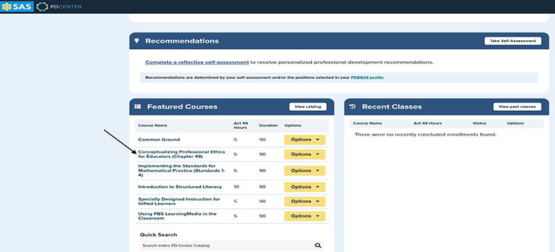 Screenshot of featured courses section with arrow pointing to Comceptualizing Professional Ethics for Educators (Chapter 49)