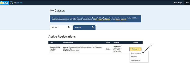 Screenshot of my classes screen with options dropdown open and arrow pointing to go to classroom