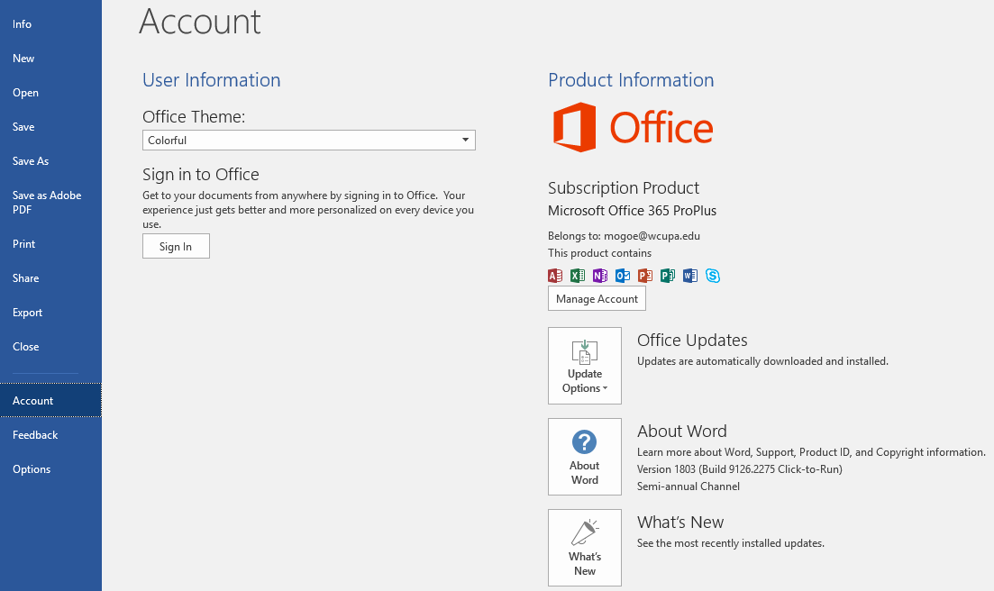 After Signing out, the user’s WCU O365 subscription will remain active as seen below: