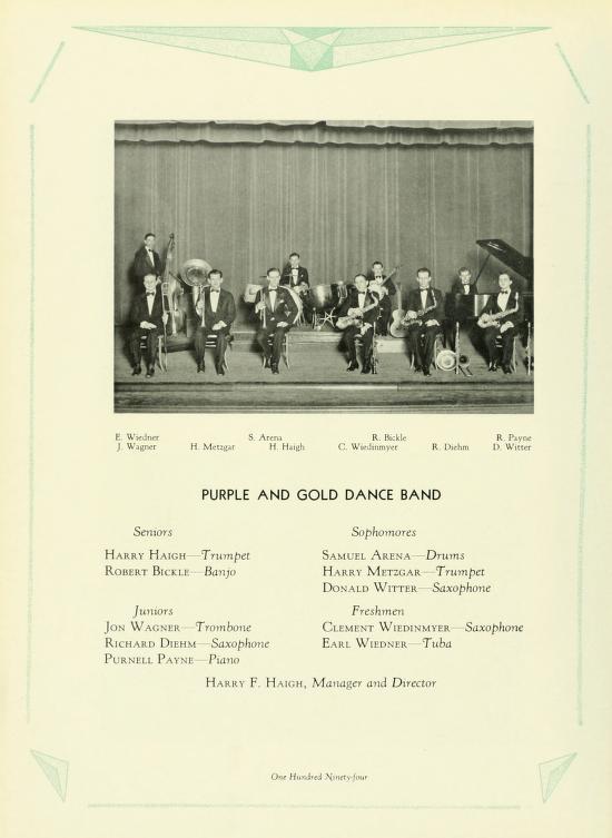 5 Arm R. Wig Н. Мещи Haigh C. W R. D R. Pay D. Wer Sensors PURPLE AND GOLD DANCE BAND HARRY HAIGH Trumpet ROBERT BICKLE Banjo Juniors JON WAGNER Trombone RICHARD DIEHM Saxophone PURNELL PAYNE Piano Sophomores SAMUEL ARENA Drums HARRY METZGAR Trumpet DONALD WITTER Saxophone Freshmen CLEMENT WIEDINMYER Saxophone EARL WIEDNER Tuba HARRY F. HAIGH, Manager and Director Our Hund N