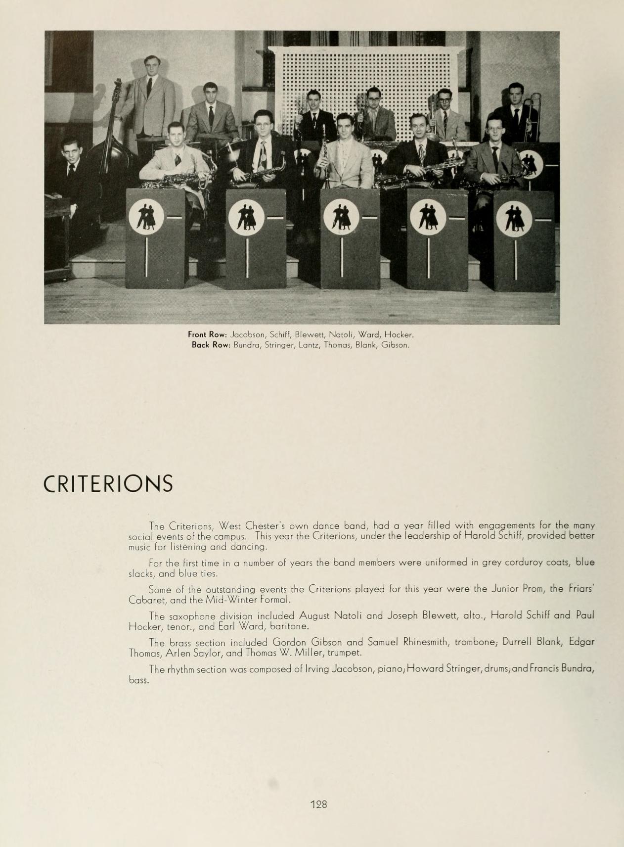 CRITERIONS Front Row Jacobson, Schult, N, Ward, Hocker, Back Row Hund, Stringer, Land, Thomas, Blank, G The Criterions, West Chester's own dance band, had a year filled with engagements for the many social events of the comput. This year the Criterions, under the leadership of Harold Schill, provided better munc for listening and dancing For the first time in a number of years the band members were uniformed in grey corduroy coats, blue slacks, and blue ties Some of the outstanding events the Criterions played for this year were the Junior Prom, the Friars Cabaret, and the Mid-Winter Formal. The saxophone division included August Notoli and Joseph Blewett, alto, Harold Schilf and Poul Hocker, tenor, and Earl Word, baritone. The brass section included Gordon Gibson and Samuel Rhinesmith, trombone, Durrell Blank, Edgar Thonas, Arlen Saylor, and Thomas W. Miller, trumpet bon. The rhythm section was composed of Irving Jacobson, piano, Howard Stringer, drums, and Francis Bundra, 128