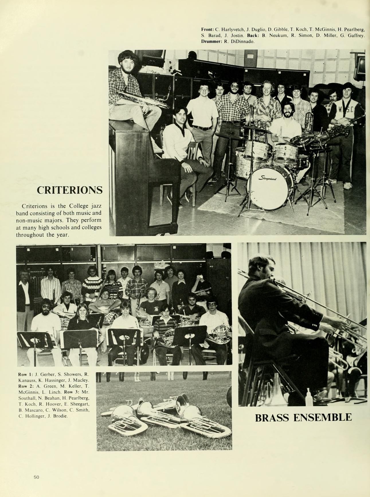 CRITERIONS Criterions is the College jazz band consisting of both music and non-music majors. They perform at many high schools and colleges throughout the year. Row 1:1 Gerber, S. Showers, Kat, K. Hager, 1. Madley How A Goes M. Keller, T Southall, N. Bahan, H. Paber TK Koch, R. Hoover, E. Sergan B. Macaro, C. Wibo, CS, CH, Front: C. Harlyvetch, J. Duglio, D. Gibble, T Koch, TMG, H. Peartberg Saral J Jon Back Nekam, R., D. Miller, G. Gary Drummer: K. DiD BRASS ENSEMBLE