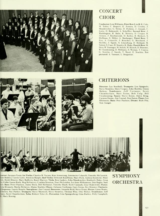 CONCERT CHOIR Conductor Lis Will First How to K. Col Capert. E Jesses. D. Crabs J Shake Sus D. Perks, J. Joseph C Lane, D. Rabes. A Scheffler, Second Row: Wang, RB, K. Nowres D. Comper R Jensen, J. Kuchack, D. Kelles B. Hickers, S Hoffman, S. Miller, A Marberger, Third How T FA. Celarelli, J. Roscher, G. Bichard, J. Spade. S. Luang D Holland. M. Vale SC. H.Stanley, K. Hake. Fourth Row: M. Der W. Vastaget M. Slick, M. Klesch, D. B Clendening, D. William Wyman, T. Co G. Next, J. Sanh, T. Ward, E Stathis, Not CRITERIONS Die Les Sathall Trumpets: Los Spugendre. Steve Strawley, De Cooper, John Herlis, Gle Mahon, Tumbones Jeff Cortatan, Scott Chamberlain, Matt Nets, Bob Calp, Bill Clendenning Sases: Steve Erst, Dawn King Car Dharan, Jim Conrad, Don Eaton Plan Lec Whitmore, Bass Pet Pals Drums Rich F tores V, Ist Viola: Charles M. cum. Kan Armstrong Antoinette Colar To Me Diskles Carde Lutte, Patricia Harple, Red Violeta Kauffin Mary Pick, Andre Send M 1. Heidi H, Mary Hatlerts, Karel Harvey, Vida Ken Laskes, John Shankwelle, Kimberly Bake, Gorg Calle Lars Ruth, Meg Metiarvey Cynthia Stration, Tract McLendon, Lee Anne Will the figs S Bass Peter Pen, Jane Horn, Dill McDan Timothy Rash Scott Canals, Lisa Olejkowski, latex Kowars. Sheila Melaye, Elator Stats Olor Jalan Guthman, Gary Grey Kit Clarinet faines, So Parker, Trumpets Steve Shotwell, Steve Strales The Wise, One Weber, Trombones: Jeff Scott Chamberlain The Robert Tyler Jr. Person: Lina Spangenberg Gina Radio, Pally Camp Mary K SYMPHONY ORCHESTRA 121