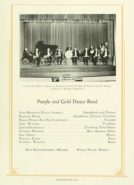 Thumbnail: P. Payne, R. Dick, F. Albastra, L Bertem, S. Ara, H. Hagh, R. Shuttleworth, N. Wagner JWagner, C. Weidner, J. Haneman LEON BERNSTEIN, FRANK ALBOSTA... RICHARD DIEHM. HARRY HAIGH, RUSS SHUTTLESWORTH, JOHN WAGNER CHARLES WEIDNER. Purple and Gold Dance Band JOSEPH HANSELMAN. Saxophones and Clarinet Saxophones, Clarinet, Trombone Trumpet Trombone Trombone, Tenor Soloist Bass, Baritone Soloist SAM ARENA Drums PURNELL PAYNE Piano NATHAN WAGNER. Banjo Russ SHUTTLESWORTH, Manager HARRY HAIGH, Director One Hundred Eightyinm