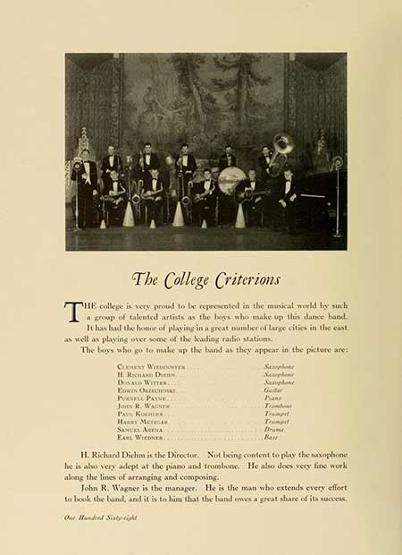 Thumbnail: T The College Criterions HE college is very proud to be represented in the musical world by such a group of talented artists as the boys who make up this dance band. It has had the honor of playing in a great number of large cities in the cast as well as playing over some of the leading radio stations. The boys who go to make up the band as they appear in the picture are: Сект Wiene H. RICHARD Dienn DONALD WITTEK... EDWIN OLLECHOUT PURNELL PAYNE.. Jos R. WAGNER PAUL KOHLER. HARRY META SAMERE ARENA EARL WIEDER.. Kephone Stephen Samphone Gar Plane Trombon Trumpet Trumpet Drum Bast H. Richard Dichm is the Director. Not being content to play the saxophone he is also very adept at the piano and trombone. He also does very fine work along the lines of arranging and composing. John R. Wagner is the manager. He is the man who extends every effort to book the band, and it is to him that the band owes a great share of its success. One Hundred Sixty-tight
