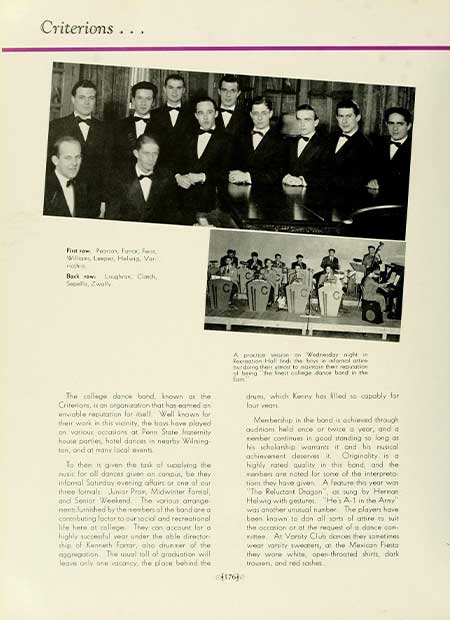 Thumbnail: Criterions... First row Peonon, Faro Fest Lee, Halus, Var Will Back Lugha Cach Zwally The college dance bond, known as the Criterions, it an organization that has named enviable reputation for all. Well known for their work in this vicinity, the boys have played on various occasions at Penn State fraternity house ponies hotel dances in nearby Wilning tan, and at many local events To them is given the task af upplying the music for all dances given on connus, be they informal Saturday evening affairs or one al cur three forals Junior Pros, Midwinter Famal, and Senior Weekend. The various arrange nem fumhed by the members of the band are a conebuting factor to our social and recreational life here at college. They can account for a highly successful year under the able director ths of Kenneth Forar, alto drunner of the agongation. The usual toll of graduation will leave only one vacancy, the place behind the A proccession on Wednesday night in Section Hall fed boys e formal an dung their simou to main ber 11764 beng feet colege dance bord in the drum, which Kenny has led so capably for lour van Membership in the bond is achieved through audinion held once or twice a year, and a ember continues in good standing so long at his scholarship wamants it and his musical achievement deserves it Originality is a highly rated quality in this bond, and the wanbers are noted for some of the interpreto tion they have given A feature this year was "The Reluctant Dragon sung by Herman Helwig with gestures. Hes A-1 in the Army" was another unusual number The players have been known to den all sorts of attire to suit the occasion or at the request of a dance.com ittee At Varsity Club dancen they aametimes wear varsity sweaten, at the Mexican Fiesta they wore white, open-throated shirts dark trouen, and red sashes