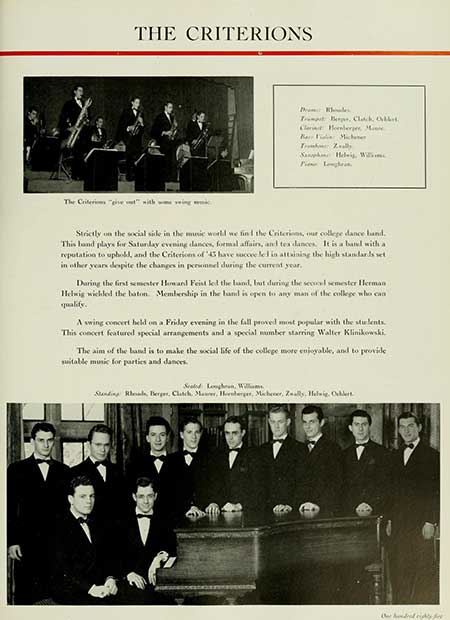 Thumbnail: THE CRITERIONS Clara Tramp B, Clack, Henlere The Criteris "give" with eing Strictly on the social side in the music world we find the Criterions, our college dance band. This band plays for Saturday evening dances, formal affairs, and tex dances. It is a band with a reputation to uphold, and the Criterions of have succeelel in attaining the high standards set in other years despite the changes in personnel during the current year. During the first semester Howard Feist led the lund, but during the second semester Herman Helwig wickled the baton. Membership in the band is open to any man of the college who can qualify. A swing concert held on a Friday evening in the fall proved most popular with the students. This concert featured special arrangements and a special number starring Walter Klinikowski. The aim of the band is to make the social life of the college more enjoyable, and to provide suitable music for parties and dances. Seated Loughren, Will Standing Rhu Berger, Clatch, Maurer, Hornlarger, Michener, Zually, Helwig, Ollert