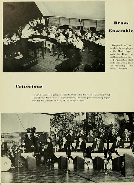 Thumbnail: Brass Ensemble Criterions The Criterions is a group of students interested in the realm of jazz and swing. With Thomas Silvester as its espalle leader, these men provide dancing enjoy ment for the students at many of the college dances. Composed of out- standing brass players in the Music Depart est, the Brass En semble is a student oper ated organization which meets once a week under the sponsorship of Mr. Powell Middleton.