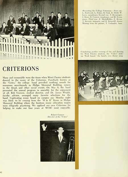 Thumbnail: 42 CRITERIONS Many and memorable were the times when West Chester students danced to the music of the Criterions Familiarly known as the "Crites," the college band provided soothing sounds for numerous semi-formals in Philips Memorial Building, mixers in the Quad, and other social events. On May 9, the band presented the annual program in assembly for the enjoyment of all. Bob Curnow, student director, and Dr. James Wright, faculty advisor, arranged many favorite selections for the band Captivating music heard on campus any Monday night was likely to be coming from the "O & B" Room in Philips Memorial Building where the fourteen music education majors were diligently practicing. We applaud our own Criterions for helping to make our four years at WCSC most enjoyable. Robert Curnow Director of the "C" Presenting the College Criterion-First o L. Eastwood, L. Fiber, R. Cisk, R. Diehl, W Laws, saxophones Second row T. Beuninger, J. Stone, R. Crow, tromboos, and H. Evans Third E. Michellelder, F. Becan, J Stewart, trungets, and R. Brineeld, ma Mining from the picture, T. Verlander, bass Coocuting the evening of fun and dancing for West Chester students the "Crites strike up "Toli Local," the band's on theme song