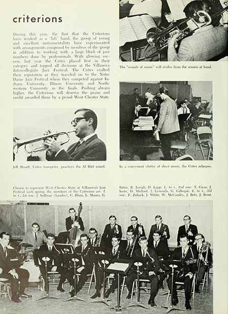 Thumbnail: criterions During this year, the first that the Criterions love worked as a lab hand, the group of young and excellent instrumentalists have experimented with arrangements composed by members of the group in addition to working with a large block of jazz numbers done by professional. With glowing cess last year the Crites placed find in their category and topped all division at the Villanova Intercollegiate Jazz Festival. The Crites exalted thest reputation as they traveled on to the Notre Dame Jazz Festival where they competed against In diana University, Illinois University and North western University in the finals. Pishing always higher, the Criterions will deserve the praise and credit awarded them by a proud West Chester State. The "onlt of most" will evolve from the session at hand. Jell Stoolt, Crites trumpeter, practices the Al Hit sound In a cornist clatter of sheet mic, the Crites beare Chest West Chedry State Villanova's Ja Festival ich spring the members of the Criterions are 1 to. Sullivan (Leader), CB, L. Ma, G. Ritter, R. Joseph, D. Lapp. I. tor 2nd T. Gi J Soete, D. Michael, J. Levrodis, G. Gillespie, I tor, nd F. Zubuck, J. White, W. McCamley, J. Bets, J. Stout