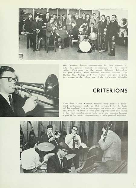 Thumbnail: The Criterions desne commendation for their constant ef Sots to present monical performances of the cent call Participants in the Villa Ister ate Jazz Festival, these talented present Wed Chester State College well The "Crites abo give a spring jazz concert at the college, one of the year's social lights CRITERIONS What does a true Criterion member enjoy most-a profes al performance cha that performed by J Sets and ho troeden?or an impromptu jm of a few nem bert, who let off steam in wee jazzy impestations? The answer is that each member ens both tre min becomes a part of his music, complementing it with personal