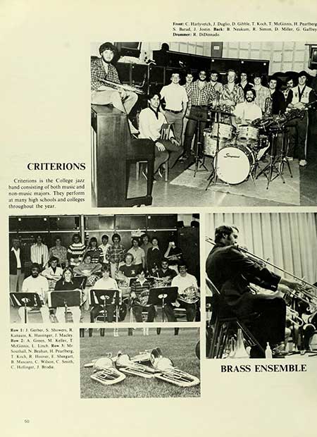 Thumbnail: CRITERIONS Criterions is the College jazz band consisting of both music and non-music majors. They perform at many high schools and colleges throughout the year. Row 1:1 Gerber, S. Showers, Kat, K. Hager, 1. Madley How A Goes M. Keller, T Southall, N. Bahan, H. Paber TK Koch, R. Hoover, E. Sergan B. Macaro, C. Wibo, CS, CH, Front: C. Harlyvetch, J. Duglio, D. Gibble, T Koch, TMG, H. Peartberg Saral J Jon Back Nekam, R., D. Miller, G. Gary Drummer: K. DiD BRASS ENSEMBLE
