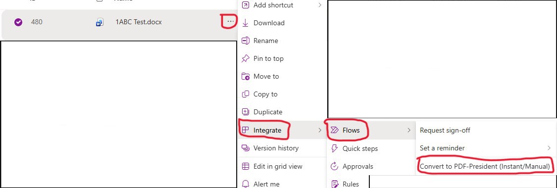 5. Click the 3 dots to right of the document name → Mouse over to “Integrate” → Flows → Click “Convert to PDF - President