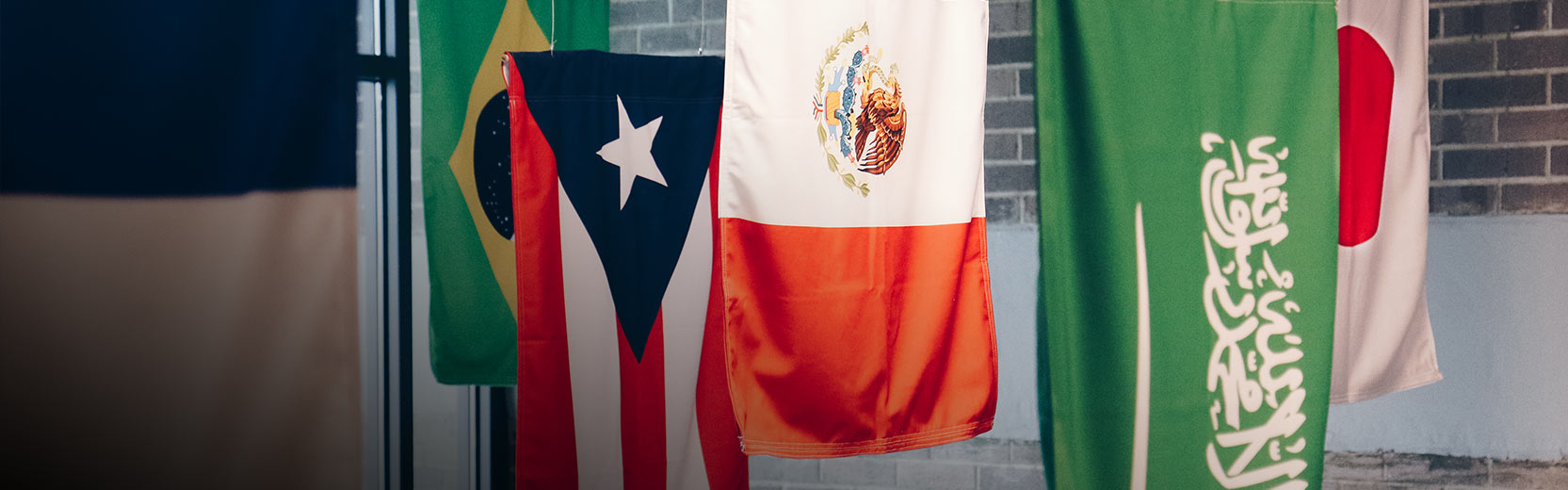 Multiple flags from various location are hanging in a line