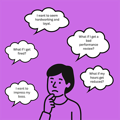 Image of younger worker with thought bubbles about speaking out. 